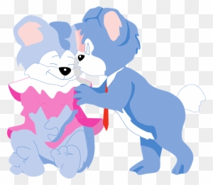 Two cartoon blue bears embracing warmly, one holding a pink heart-shaped gift.