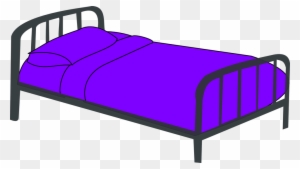 Simple single bed with black metal frame and vibrant purple bedding on transparent background.