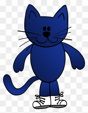 Blue cartoon cat wearing white sneakers, standing upright with a friendly expression.
