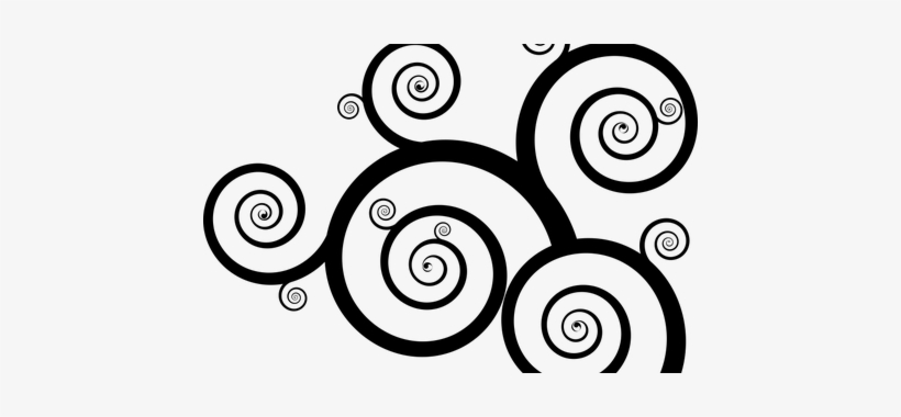 Black and white abstract swirl pattern with nested spirals of varying sizes on a light background.