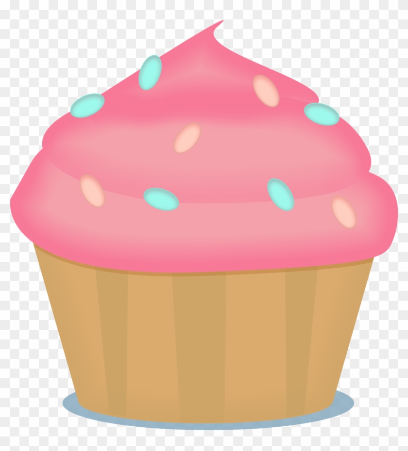 Pink frosted cupcake with pastel blue and peach sprinkles in a tan paper liner.