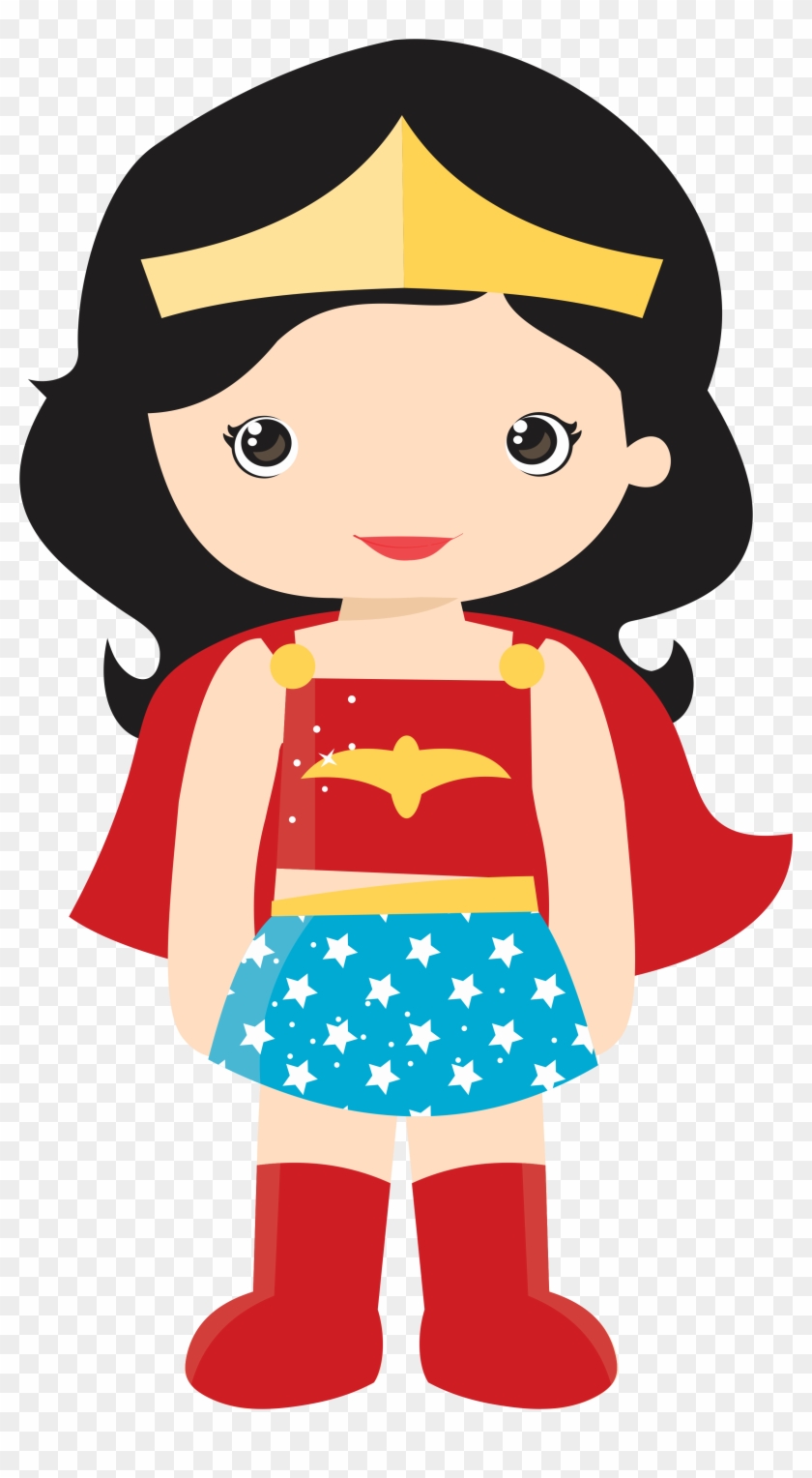 Cute cartoon Wonder Woman character with gold tiara, red top, star-spangled skirt, and red boots.