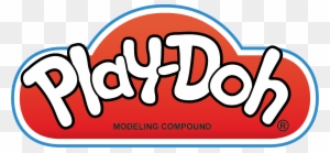 Play-Doh logo featuring bold white script text on a red cloud-shaped background with blue outline and "MODELING COMPOUND" tagline.