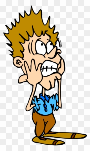 Cartoon boy with spiky blond hair, wide eyes, stitched mouth, and shocked expression, wearing torn blue shirt and brown pants.