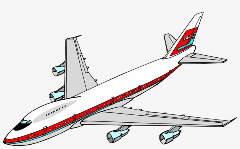 Illustrated Boeing 747 aircraft with red and teal livery, four engines, and upper deck cockpit.