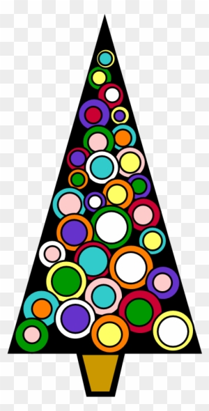 Colorful abstract Christmas tree with multicolored circles on black background and gold trunk.