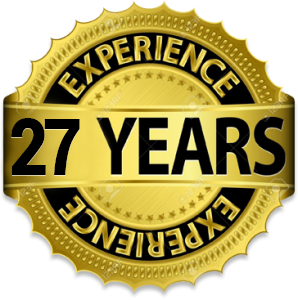 Golden seal badge displaying "27 YEARS EXPERIENCE" in bold black text on a textured metallic background.