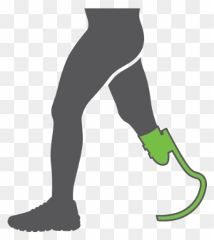 Silhouette of a person walking with a green prosthetic foot and ankle, showing mobility and independence.