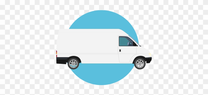 White delivery van illustration with blue circular background on transparent checkered backdrop.
