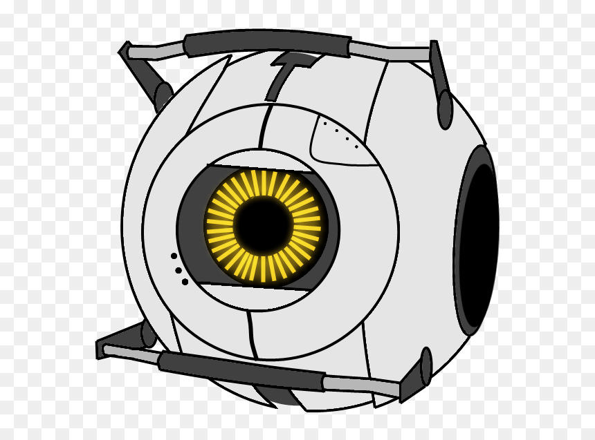 A white spherical robot with a glowing yellow iris eye and black limbs, resembling GLaDOS’s companion sphere from Portal.