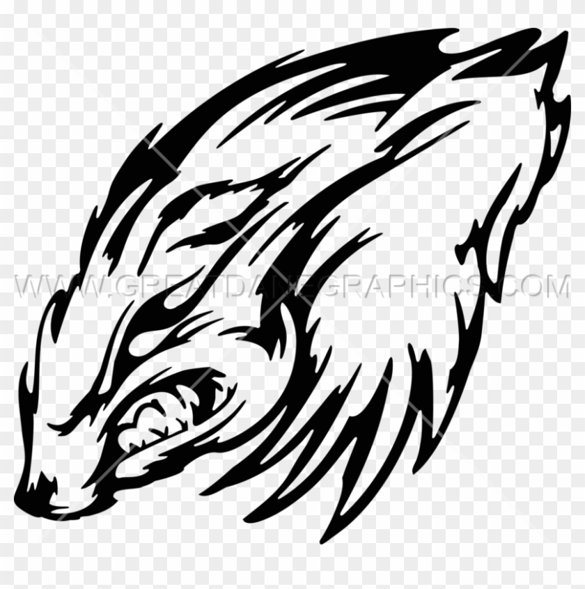 Stylized black-and-white tribal wolf head with fierce expression and dynamic flowing lines.