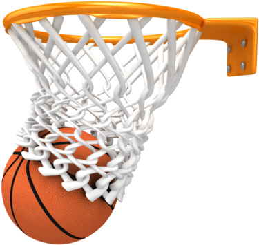 Orange basketball swishing through a white net on an orange rim against black background.