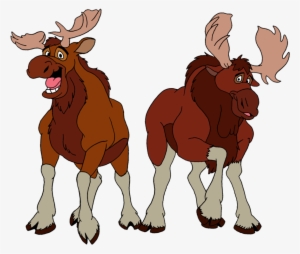 Two cartoon moose standing side by side, one smiling broadly and the other looking thoughtful, with large antlers and brown fur.