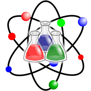 Three conical flasks with red, blue, and green liquids surrounded by colorful spheres, symbolizing chemistry or scientific experimentation.