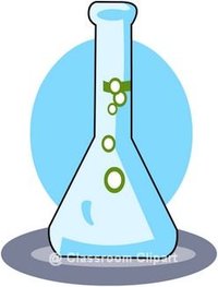 Illustration of a conical Erlenmeyer flask with green liquid and bubbles, set against a light blue circular background.