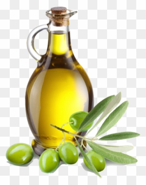 Glass cruet filled with golden olive oil, accompanied by fresh green olives and olive leaves on transparent background.