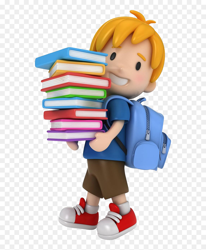 Cheerful cartoon boy with blond hair, blue backpack, and a tall stack of colorful books, smiling confidently.