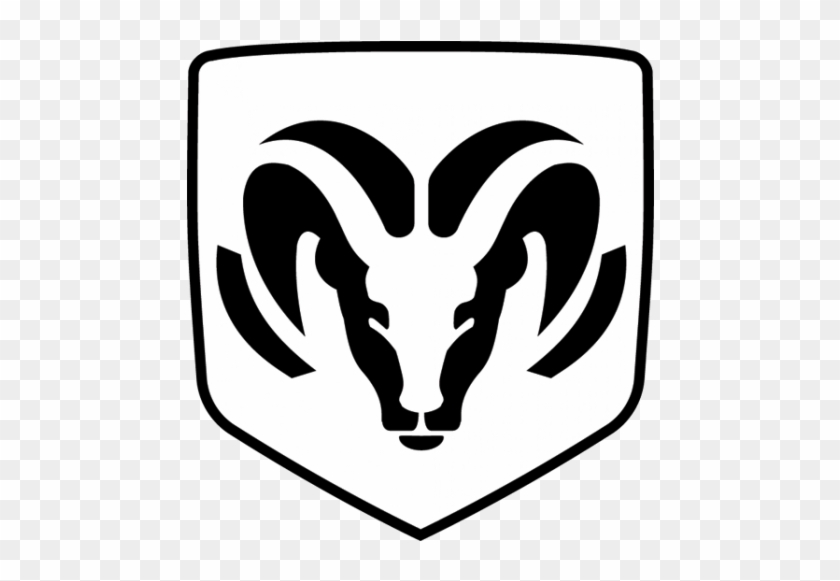 Dodge Ram logo featuring a stylized ram’s head within a shield-shaped emblem, black and white design.