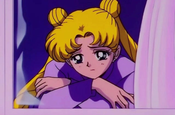 Sailor Moon looking pensively out a window at night, wearing her purple pajamas with golden hair in twin buns.