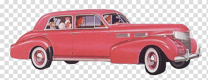 Vintage red 1940s sedan with passengers, classic chrome grille and white-wall tires on transparent background.