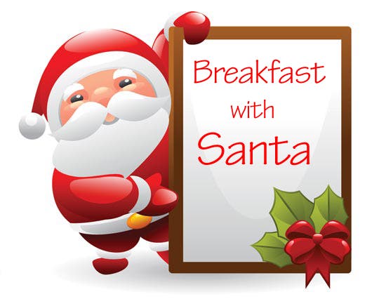 Santa Claus holding a sign that reads "Breakfast with Santa", decorated with holly and a red bow.