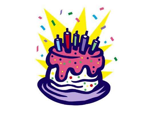 Colorful birthday cake with candles, confetti, and celebratory burst background.