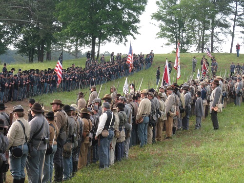 Civil War Reenactment Scene - Authentic Uniforms, Flags, and Formations