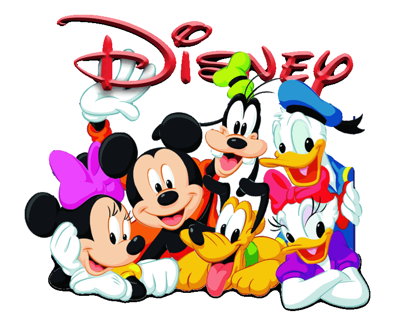 Classic Disney characters-Mickey, Minnie, Goofy, Donald, Daisy, and Pluto-pose cheerfully beneath the red Disney logo.
