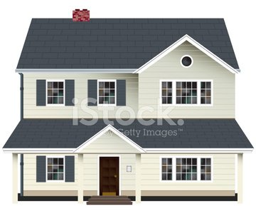 Two-story beige house with dark gray roof, shutters, and front porch entrance.