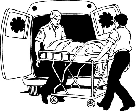 Paramedics loading a patient on a stretcher into an ambulance with open rear doors.