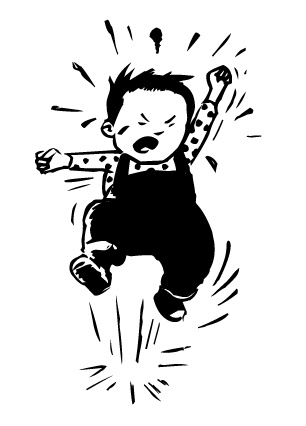 A joyful child in overalls leaps mid-air with arms raised, surrounded by dynamic motion lines and expressive energy bursts.
