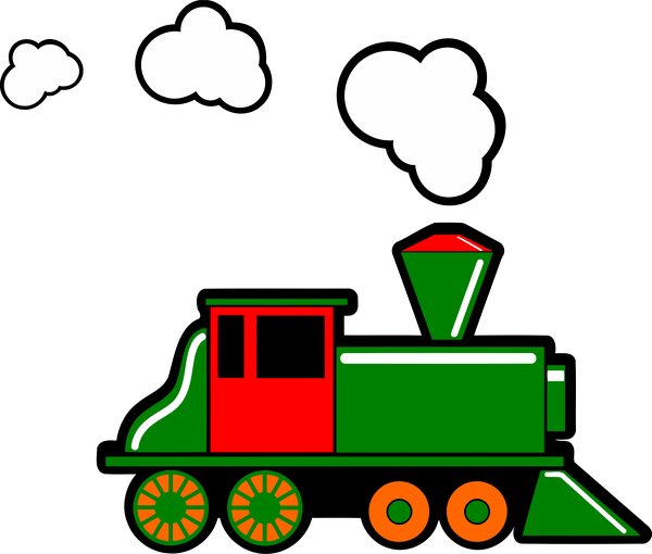 A colorful cartoon steam train with green body, red cab, orange wheels, and white smoke against a black sky with clouds.