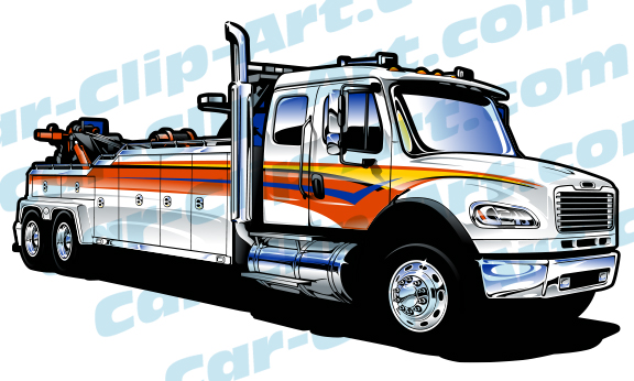 White heavy-duty tow truck with orange and blue stripes, chrome accents, and flatbed equipment.