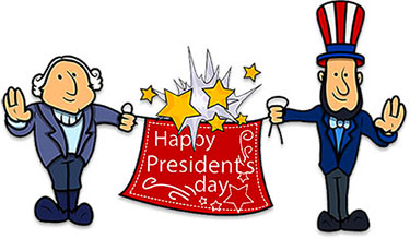 Two cartoon figures-George Washington and Uncle Sam-holding a "Happy Presidents' Day" banner with stars and fireworks.