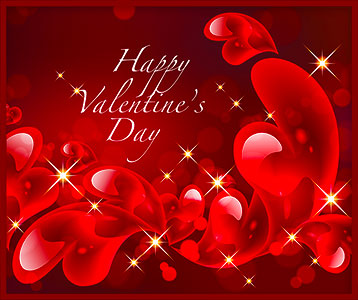 Glittering red hearts and sparkling stars on a deep red background with "Happy Valentine's Day" in elegant script.