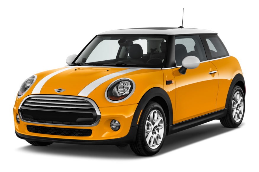 Vibrant orange Mini Cooper with white racing stripes, black roof, and silver alloy wheels on a clean white background.