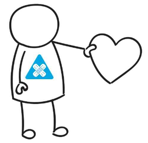 Stick figure holding a heart, wearing a shirt with a blue triangle containing bandages-symbolizing care and healing.