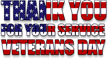 Patriotic "Thank You for Your Service" Veterans Day graphic with American flag motif and bold red, white, and blue text.