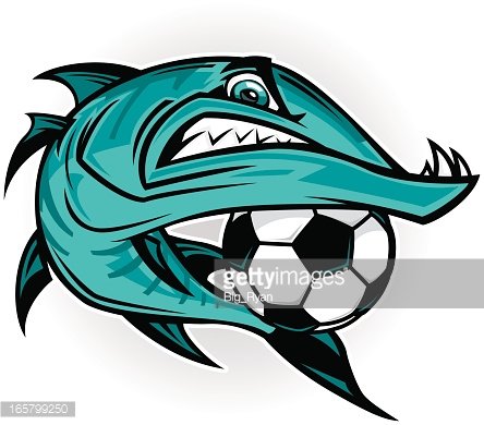 Fierce teal shark biting a soccer ball with sharp teeth and aggressive expression.