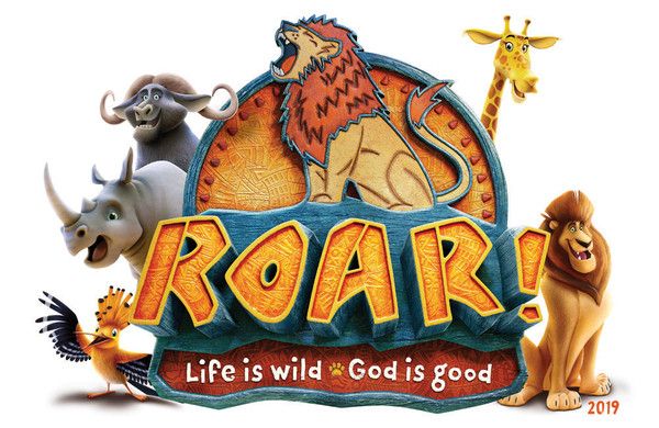 Animated animal characters surrounding bold "ROAR!" text with tagline "Life is wild. God is good." - 2019 VBS theme artwork.