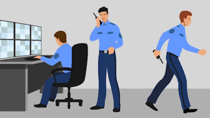 Three security personnel in blue uniforms: one monitoring screens, one on radio, one patrolling with a baton.