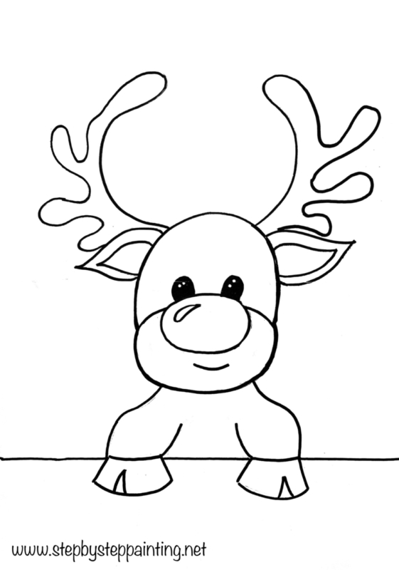 Cute cartoon reindeer with large antlers and smiling face, black-and-white line drawing for coloring.