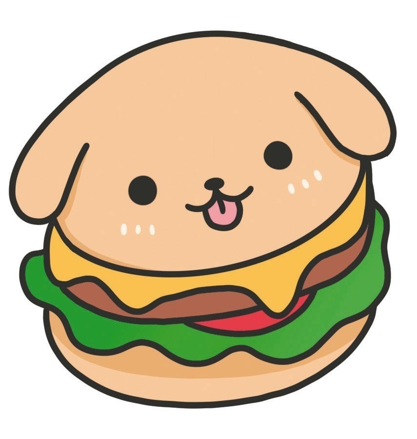 Cute cartoon dog face peeking out from a cheeseburger with lettuce, tomato, and patty layers.