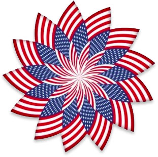 Patriotic starburst design with red, white, and blue stripes and stars in a floral spiral pattern.