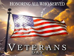 American flag waving on a pole against a golden sunset sky with "Honoring All Who Served" and "Veterans Day" text.