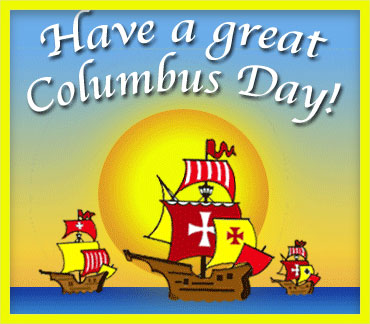 Columbus Day Greeting Card - Festive Ships & Sunset Illustration