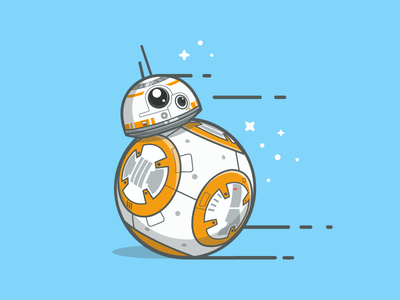 Cute cartoon BB-8 droid rolling quickly with motion lines and sparkles on a light blue background.