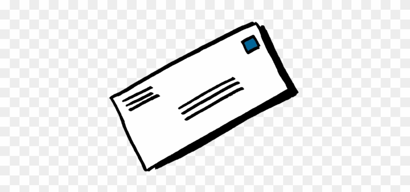 Hand-drawn white envelope with blue stamp and address lines on transparent background.