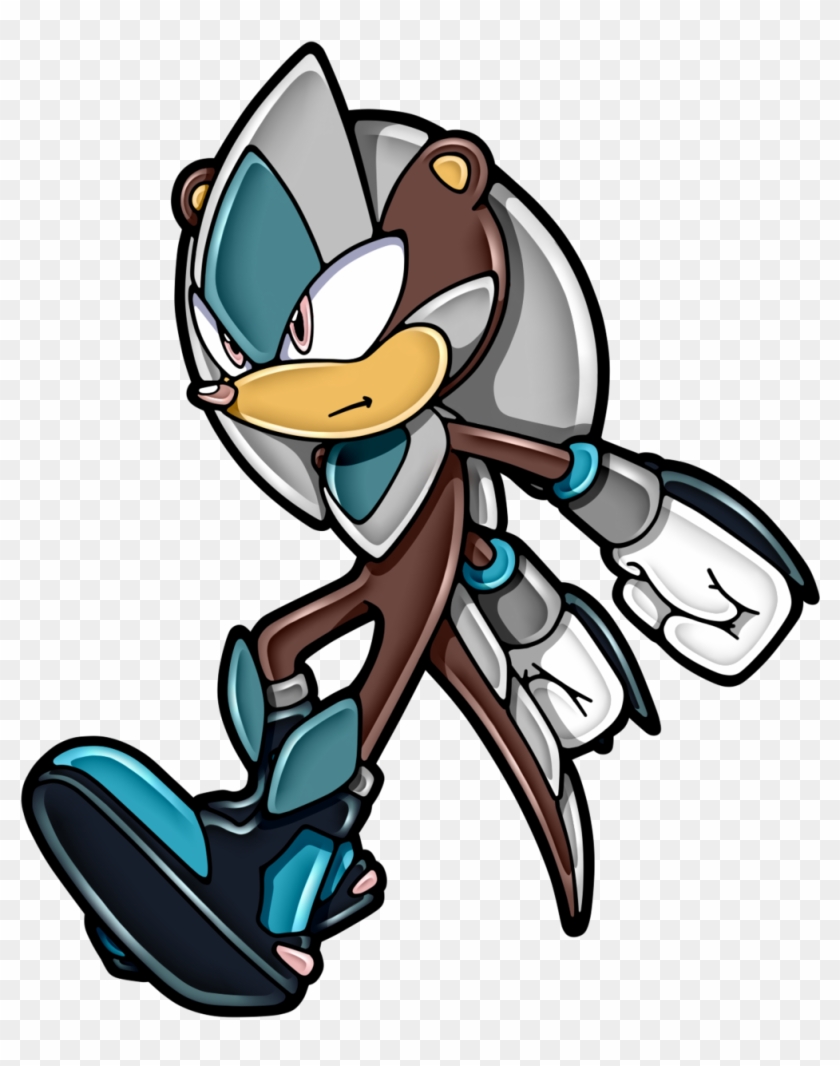 A brown anthropomorphic hedgehog in futuristic silver and teal armor, posed dynamically mid-stride.