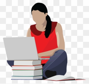 Woman in red top studying with laptop on stack of books, open notebook beside her.
